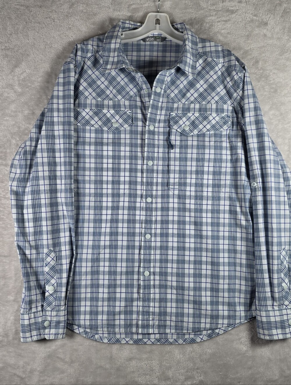 Stio Plaid Pearl Snap Long Sleeve Shirt Mens Size Large L Blue Plaid Performance